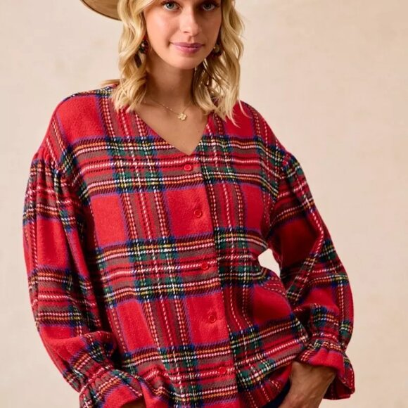 BiBi Christmas Plaid V-Neck Flounce Sleeve Jacket - Picture 1 of 15